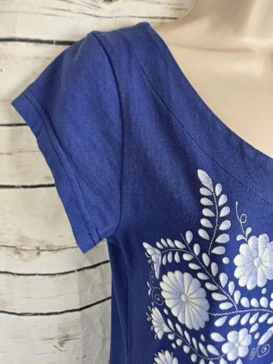 Sabaku Blue Floral Graphic Knit Dress M Fit & Flare Midi 100% Cotton Artsy - Picture 5 of 6